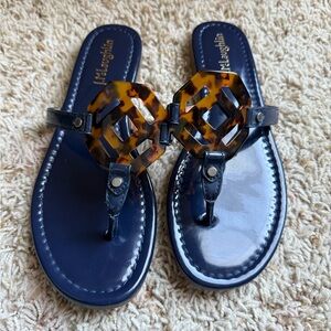 J. McLaughlin Lucy Patent Leather Navy & Tortoise Shell Sandals 6.5